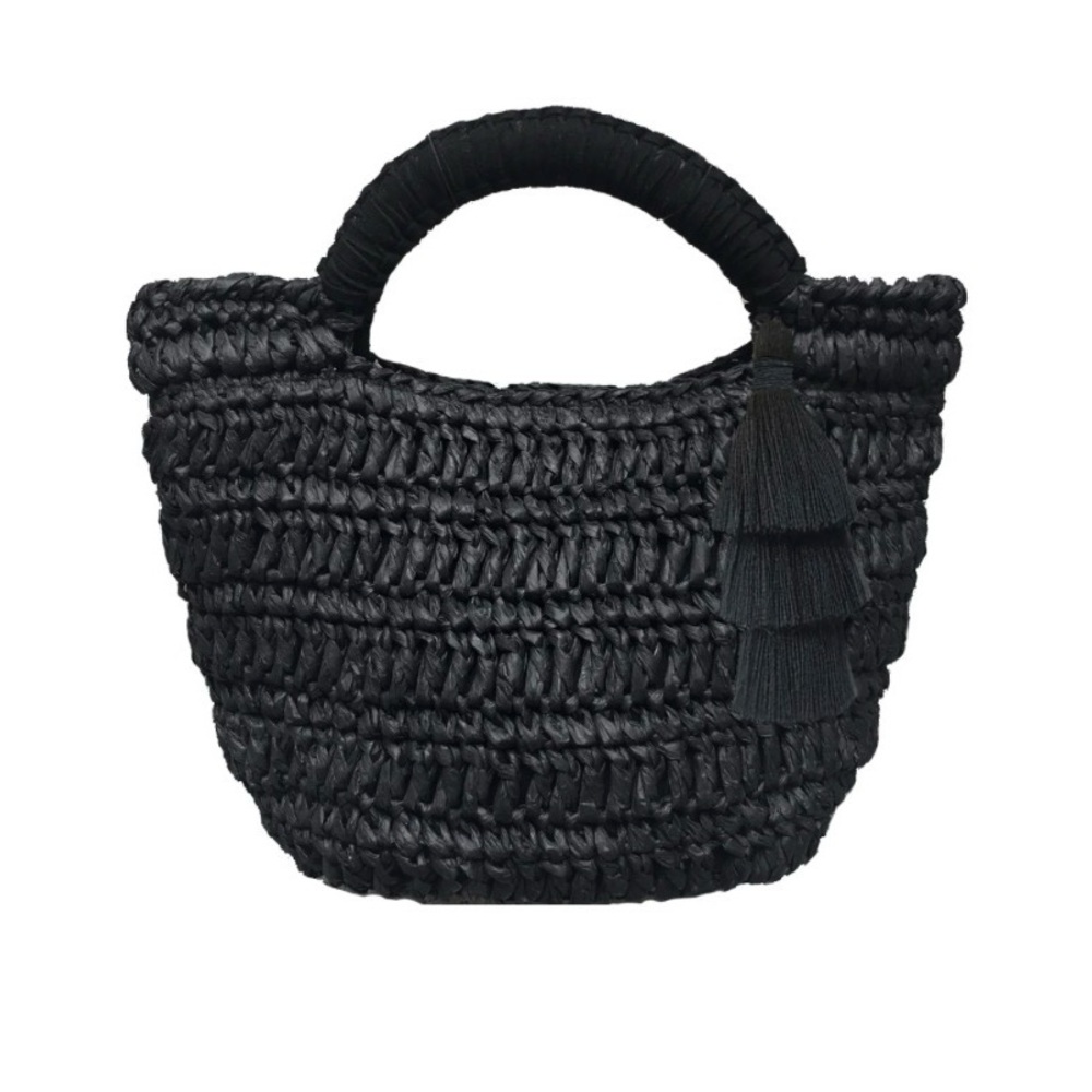 Fallon & Royce Maya Straw Mini Bag NWT Black Leather Wrapped Handle Tassel